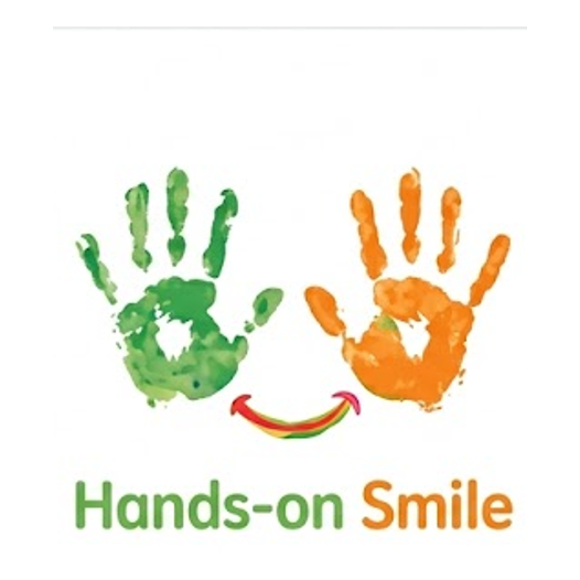 Hands-on Smile 로고 — 손프린트와 미소로 이룬 얼굴